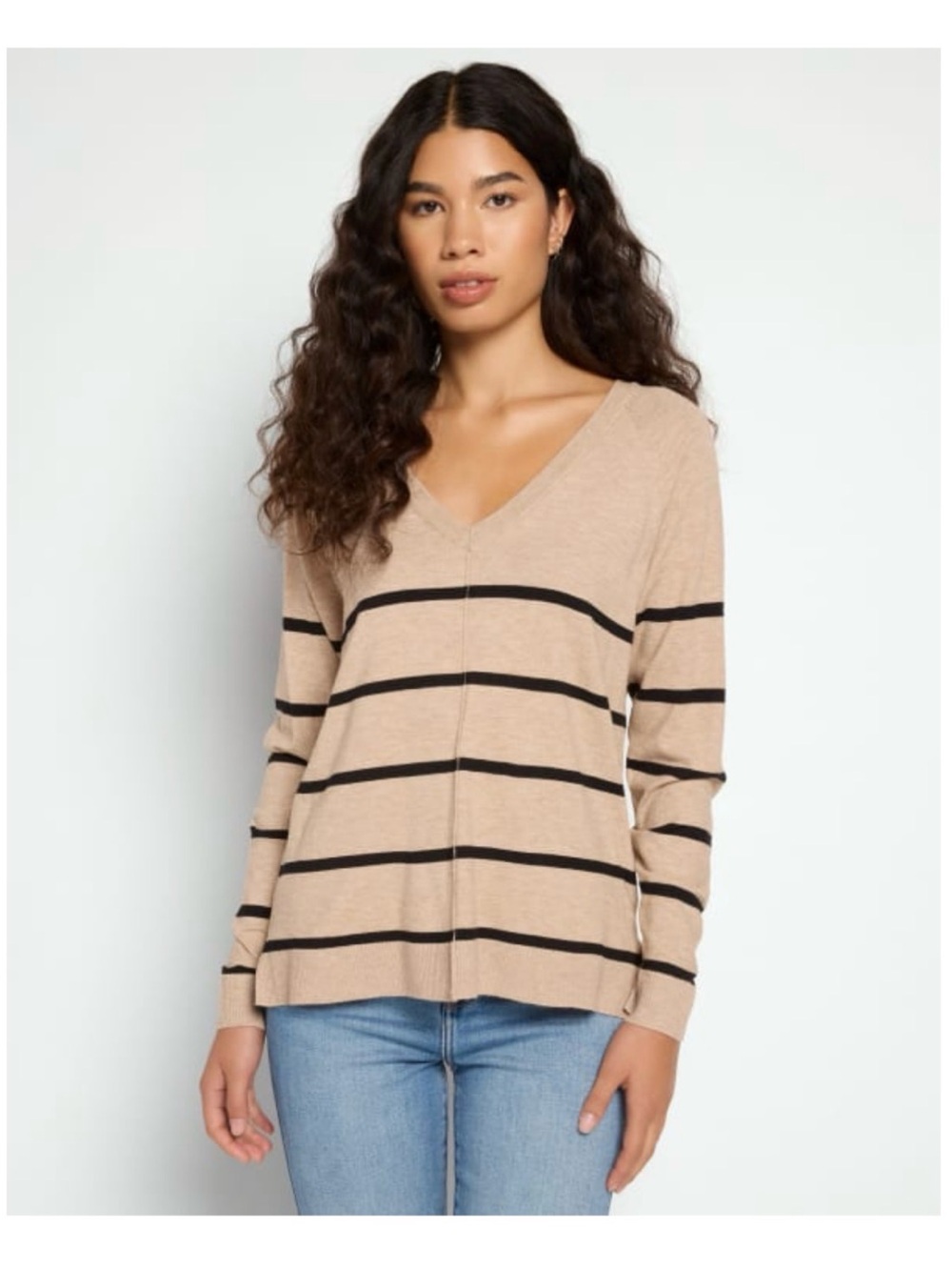 NWT Bobeau V-Neck Exposed Seam Striped Sweater Oatmeal Black XL